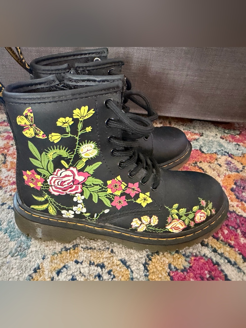 Dr. Martens Kids Black Floral Combat Boots with Multicolor Flowers
